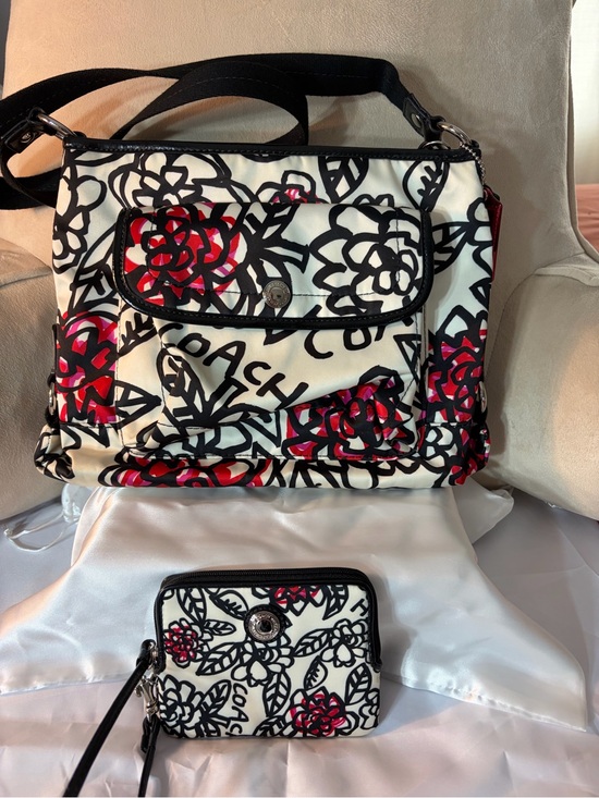 Coach Handbags - Coach Poppy White Floral Print Crossbody Bag & Wristlet with Red & Black Accents